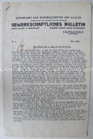 Bulletin des Zentralrats der sowjetischen Gewerkschaften für das Ausland u.a. zu den Mai-Feiern in der UdSSR
