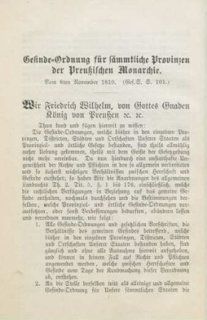 Gesinde-Ordnung für sämmtliche Provinzen der Preußischen Monarchie. Vom 8ten November 1810