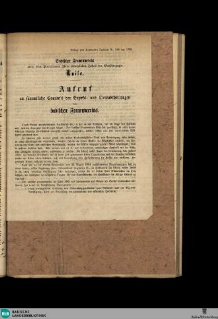 Karlsruher Tagblatt, Badischer Frauenverein... Aufruf an sämmtliche Comite's der Bezirks- und Ortsabtheilungen