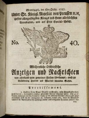 No. 40. Montags, den 6ten Octbr. 1777.
