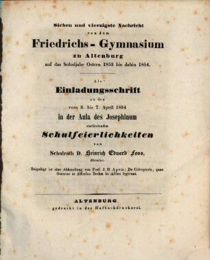 Nachricht von dem Herzoglichen Friedrichs-Gymnasium zu Altenburg : über das Schuljahr Ostern ... bis Ostern .... 1853/54