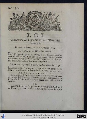 Loi Concernant la Liquidation des Offices des Amirautés.