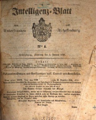 Intelligenzblatt von Unterfranken und Aschaffenburg des Königreichs Bayern. 1847