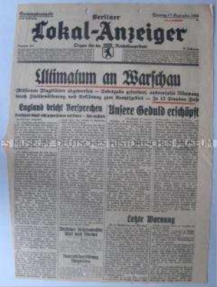 Titelblatt der Tageszeitung "Berliner Lokal-Anzeiger" zum deutschen Ultimatum an Polen