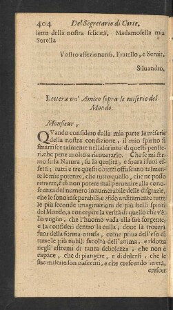 Lettera un' Amico sopra le miserie del Mondo.