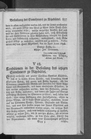 V 18. Conditionen in der Bestallung des ietzigen Einnehmers zu Ritzebüttel.