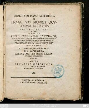 Dissertatio Inavgvralis Medica De Praecipvis Morbis Ocvlorvm Internis