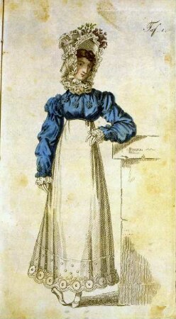 Biedermeier Mode aus: Journal für Literatur, Kunst, Luxus und Mode, Bd. 33, Jg. 1818 — Tafel 1: Dame in weiß-blauem Kleid mit Hut