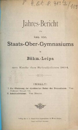 Jahresbericht des Kais.-Königl. Staats-Obergymnasiums in Böhm.-Leipa : am Ende d. Schuljahres ..., 1894