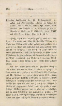 696-710 [Rezension] Ritter, Joseph Ignaz, Populäre Vorlesungen über die Kirchengeschichte der ersten vier Jahrhunderte