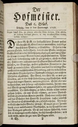 Das 6. Stück. Leipzig, den 7 des Hornungs. 1752.