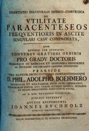 Dissertatio inauguralis medico-chirurgica de utilitate paracenteseos frequentioris in ascite singulari casu comprobata