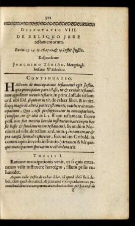 Disputatio VIII. De Reliquo Iure testamentorum.
