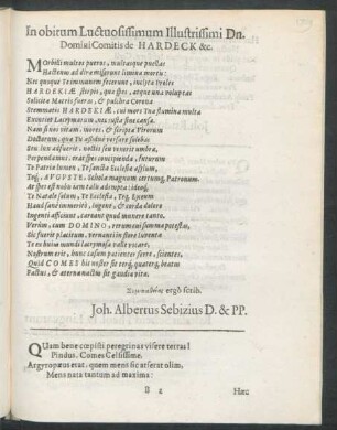 In obitum Luctuosissimum Illustrissimi Dn. Domini Comitis Hardeck &c.