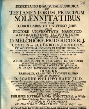 Diss. inaug. iur. de testamentorum principum solennitatibus : una cum corollariis ex universo iure