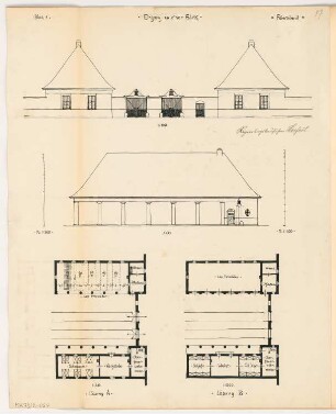 Eingang zu einer Fabrik Monatskonkurrenz Oktober 1911: Grundriss Pförtnerhaus und Fahrradschuppen 1:200 (2 Varianten); Aufriss Straßenansicht, Seitenansicht des Pförtnerhauses 1:100; 2 Maßstabsleisten