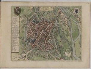 Vogelschauplan von München, 1:5 000, kolorierter Kupferstich um 1682 : Monachium Aviica Sedes Ducum Bavariae / W.H.. - [Ca. 1:5 000]. - [Amsterdam], [um 1682]. - 1 Vogelschauplan : Radierung ; 45,5 x 35,8 cm Titelkartusche oben Mitte. - Mit 2 Wappen. - Mit Gebäudeverzeichnis. - Waesberghe, Joannes Janssonius van, Herausgeber, um 1682