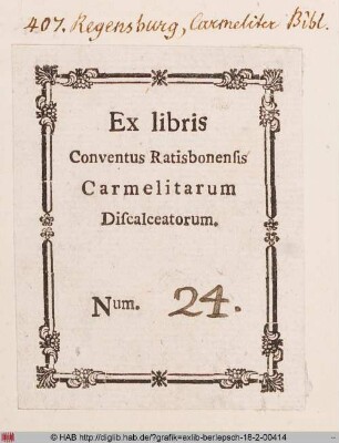 Exlibris der Bibliothek der Karmeliter zu Regensburg