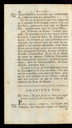 Chapitre VIII. Des Pairs; & quels furent les Pairs qui jugegerent à mort le Roi Jean Sans Terre.