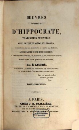 Oeuvres complètes d'Hippocrate : traduction nouvelle, avec le texte grec en regard, 5