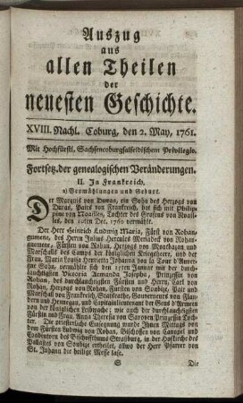 XVIII. Nachl. Coburg, den 2. May, 1761.