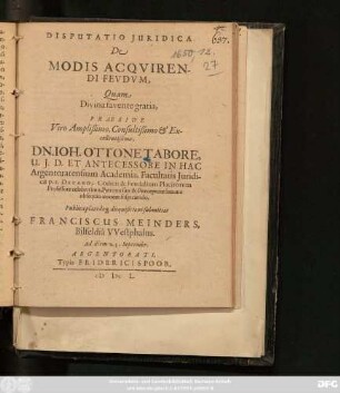 Disputatio Iuridica De Modis Acquirendi Feudum