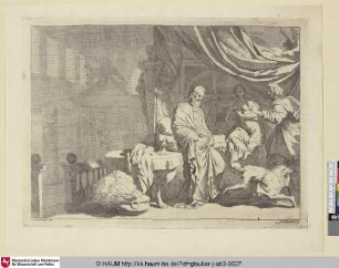 [Eine Frau in einem Bett, davor ein Mann und eine Frau; A woman in bed, in front a man and a woman]