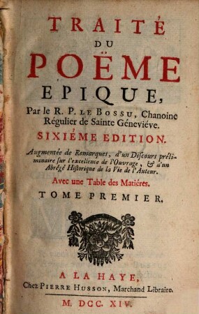 Traité Du Poeme Epique, 1