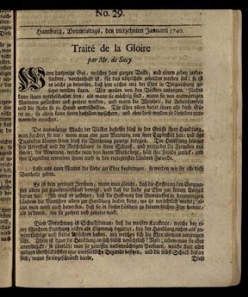 No. 29. Hamburg, Donnerstags, den vierzehnten Januarii 1740.