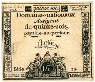 Geldschein, 15 Sols, 23.5.1793