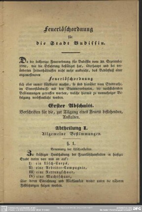 Erster abschnitt. Vorschriften für die, zur Tilgung eines Feuers bestehenden Anstalten