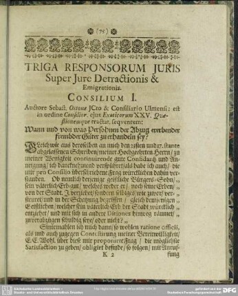 Triga Responsorum Iuris Super Iure Detractionis & Emigrationis