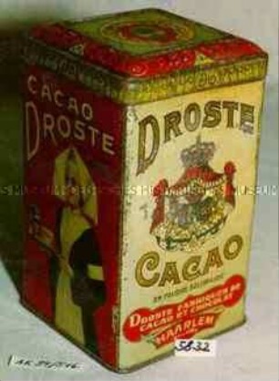 Blechdose für "CACAO DROSTE EN POUDRE SOLUBILISÉ Poids net 500 Gr." (Abbildung einer Nonne, Tablett mit Tee tragend)