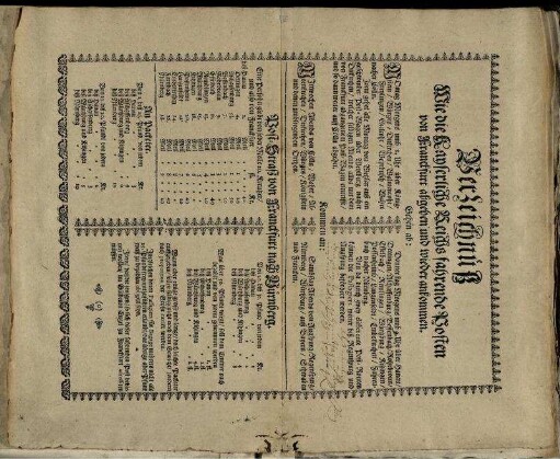 Verzeichnüß Wie die Kayserliche Reichs fahrende Posten von Franckfurt abgehen und wieder ankommen