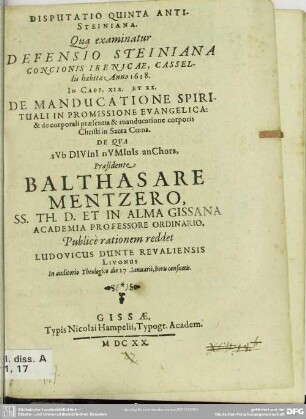 5: Disputationes novem anti-Steinianae : quibus examinatur defensio concionis Irenicae a Paulo Steinio ...