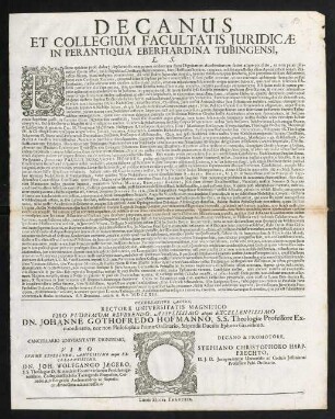 Decanus Et Collegium Facultatis Juridicae In Perantiqua Eberhardina Tubingensi, L. S.
