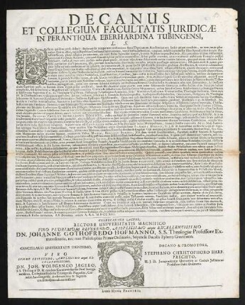 Decanus Et Collegium Facultatis Juridicae In Perantiqua Eberhardina Tubingensi, L. S.