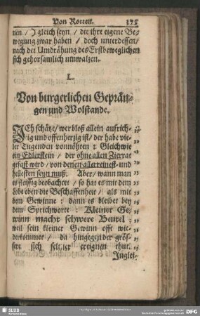 L. Von burgerlichen Geprängen und Wolstande