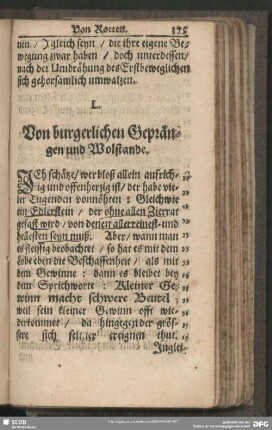 L. Von burgerlichen Geprängen und Wolstande