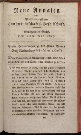 Neunzehntes Stück. Den 11ten May 1815.