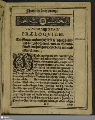 Leichenpredigt : Christliche LeichPredigt. Praeloquium. Textus. Exordium. Post-Illa