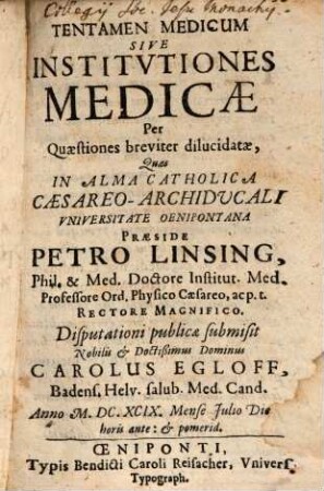 Tentamen medicum, sive institutiones medicae per quaestiones breviter dilucidatae
