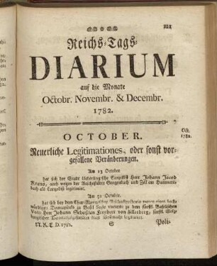 Reichs-Tags-Diarium auf die Monate Octobr. Novembr. & Decembr. 1782.