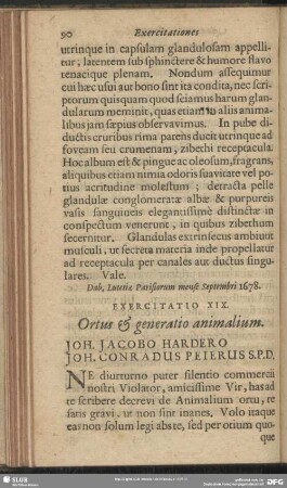Exercitatio XIX. Ortus & generatio animalium. Joh. Jacobo Hardero Joh. Conradus Peierus S. P. D.