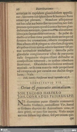 Exercitatio XIX. Ortus & generatio animalium. Joh. Jacobo Hardero Joh. Conradus Peierus S. P. D.