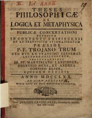 Theses ... ex logica et metaphysica