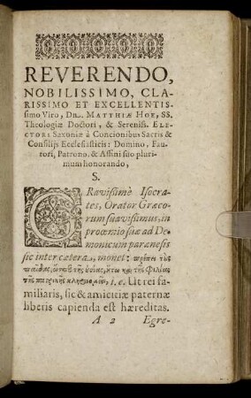 Reverendo, Nobilissimo, Clarissimo Et Excellentissimo Viro Dn. Matthiæ Hoe [...]