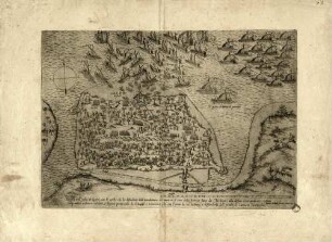 Disigno dell'Isola de Gerbi con le seche che la difendeno dall'inondatione del mare, et Il sito della fortezza fatta da Christiani alla defesa della quala ui è restato cinq[ue] millia ualorosi soldati, e' buona prouisione di Vituaglie e monitione che con l'aiuto di Dio bastara à diffenderla dall'Insulti de l armata Turchescha.