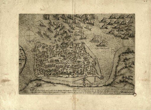 Disigno dell'Isola de Gerbi con le seche che la difendeno dall'inondatione del mare, et Il sito della fortezza fatta da Christiani alla defesa della quala ui è restato cinq[ue] millia ualorosi soldati, e' buona prouisione di Vituaglie e monitione che con l'aiuto di Dio bastara à diffenderla dall'Insulti de l armata Turchescha.