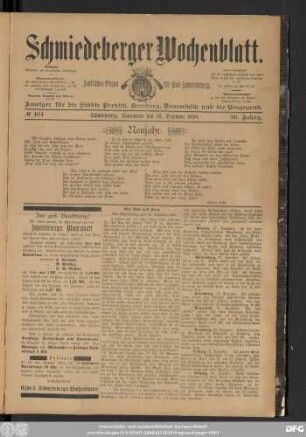 Schmiedeberger Wochenblatt, No 104 Schmiedeberg, Sonnabend den 31. Dezember 1898